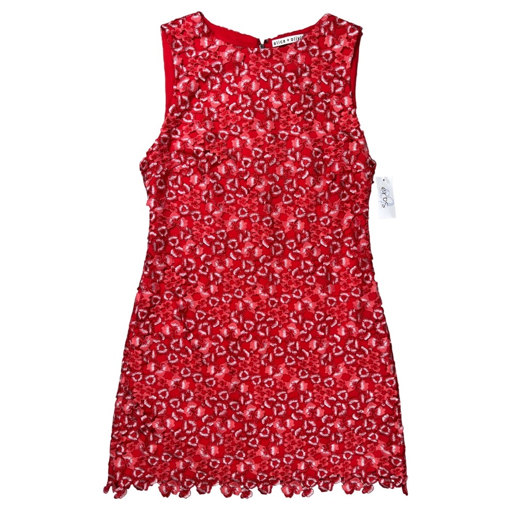 New Alice + Olivia Clyde Shift Dress Women Sz 4 Red Floral Embroidered Lace NWOT